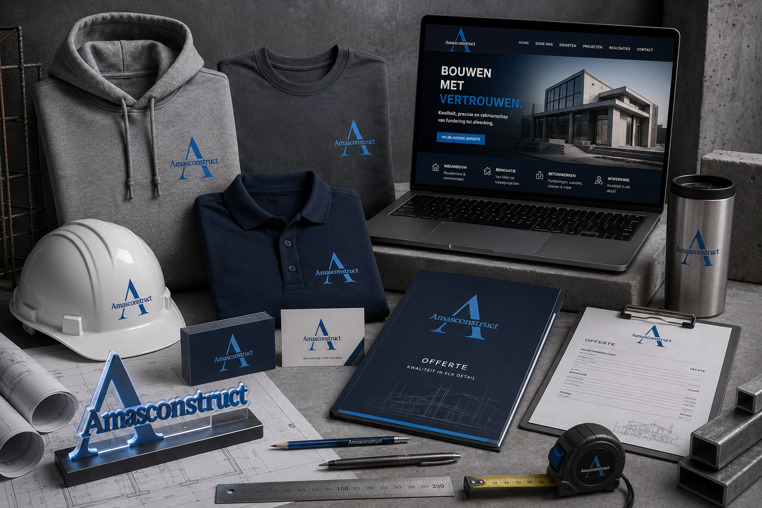 Complete Amas Construct branding system including workwear, website, hard hat, business cards, quotations, blueprints and branded tools