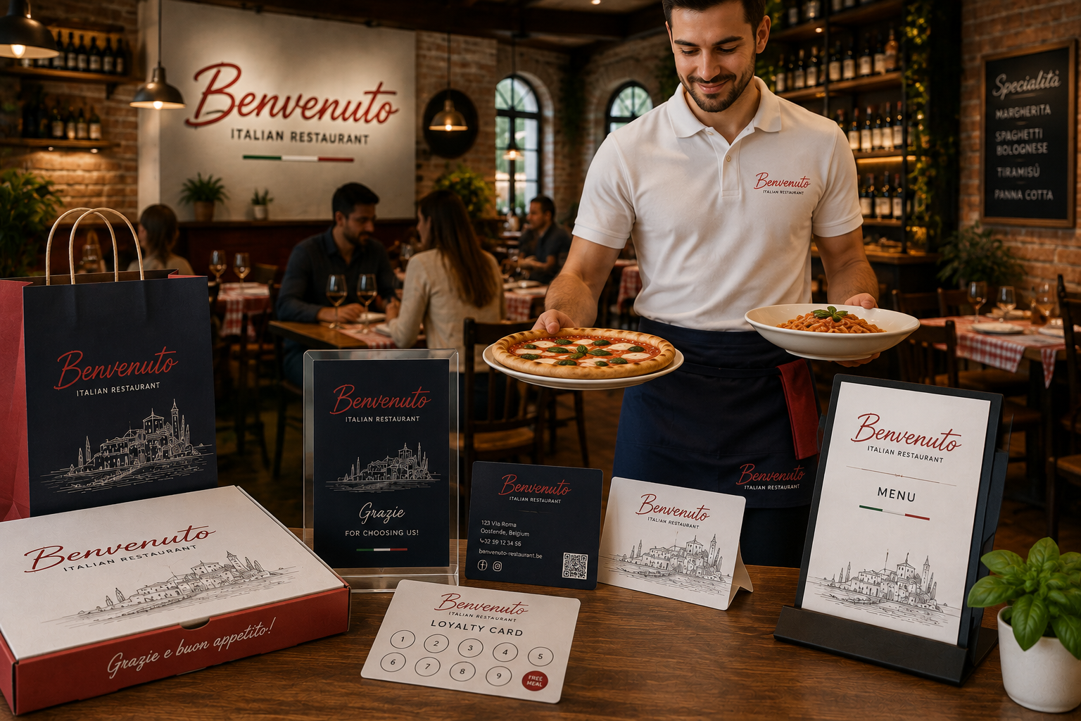 Benvenuto restaurant branding in use with staff apparel, menu, packaging, loyalty cards and counter materials