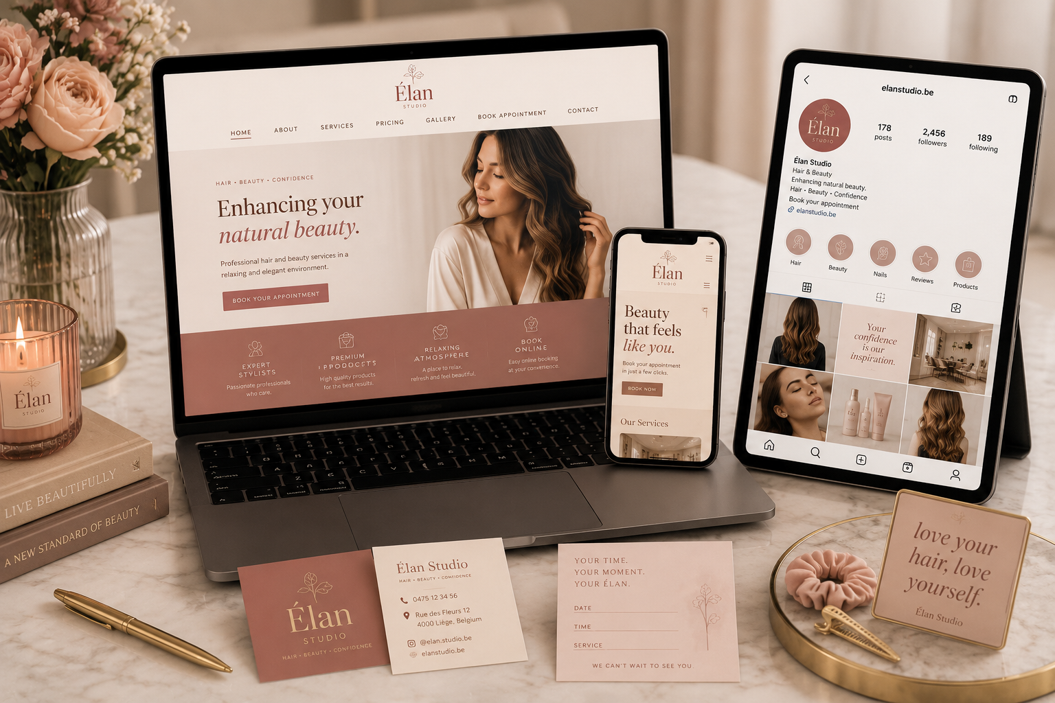 Élan Studio website and social-media branding displayed across laptop, tablet and mobile devices